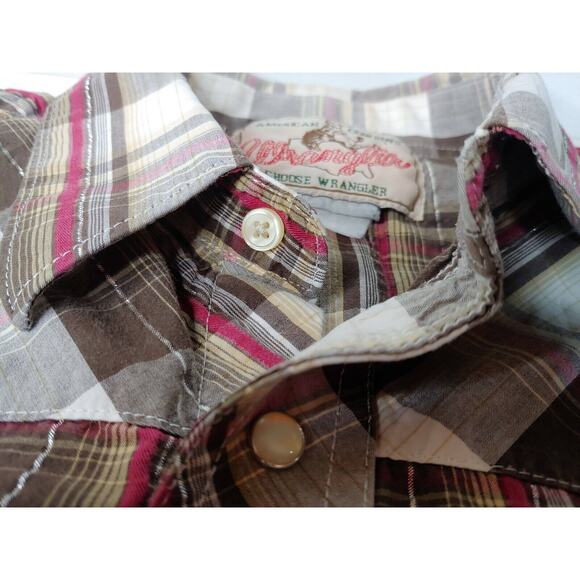 Wrangler Mens Medium Long Sleeve Brown/Red Plaid Pearl Snap Shirt - Picture 8 of 9